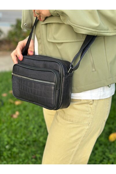 Deribag Genuine Leather, Medium Size, Crossbody Strap, Women's Shoulder Bag, Printed Dark Navy Blue, 23*17*8 cm