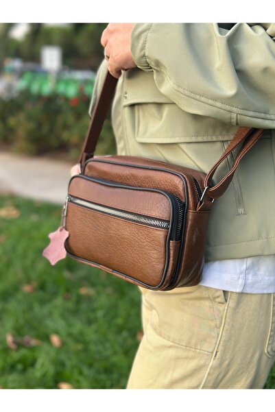 Deribag Genuine Leather, Medium Size, Crossbody Strap, Women's Shoulder Bag, Tan, 23*17*8 cm