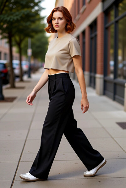 PayBuy Pantaloni de damă talie înaltă cu picioare largi, țesuți, funcționali,...