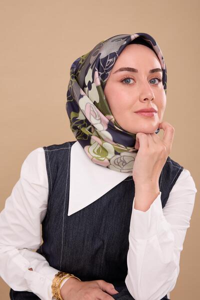 Silk Home Navy Blue Green Floral Pattern Tivil Woven Pure Silk Scarf-Kvs0886