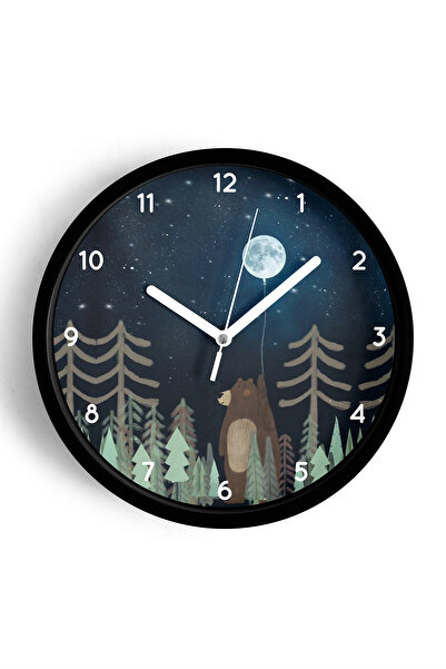 JHAAR ساعة حائط حديثة لغرفة الأطفال بتصميم دب لطيف - 25 سم - هيكل أسود مع زجا...