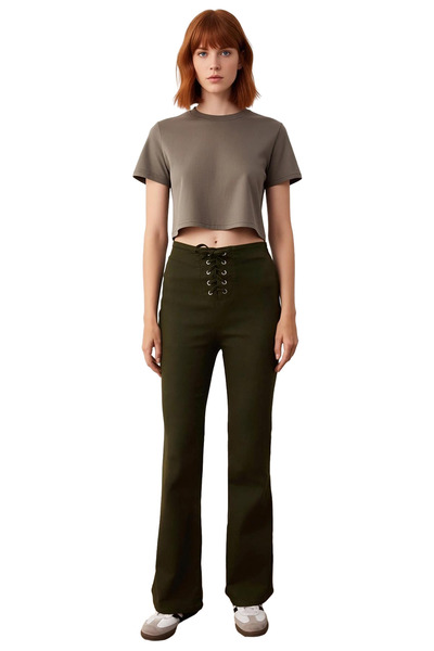 PayBuy Women's Khaki Gabardine Lace-Up Flare Pants Functional Durable Quality Comfortable Modern