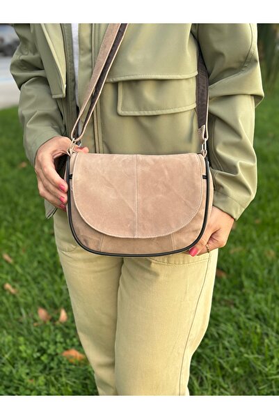 Deribag Genuine Leather, Crossbody Strap, Casual Bag, Women's Shoulder Bag, Ecru Color, Suede Leather 21*20*7 cm