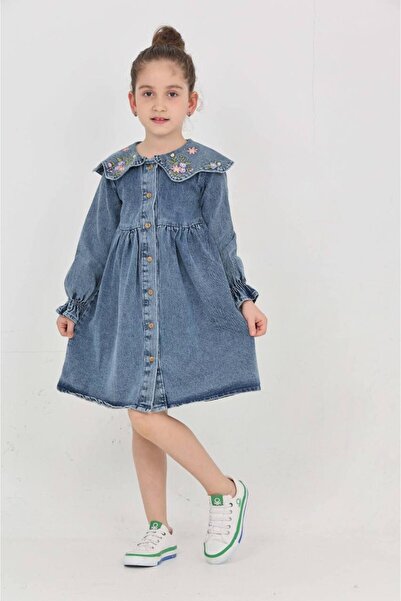 OUTLET Yakası nakışlı kot elbise