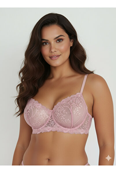 La Linaa Plus Size Powder Lace Transparent Bra Panty Set