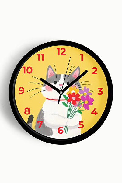 JHAAR ساعة حائط لغرفة الأطفال على شكل قطة لطيفة - 30 سم - هيكل أسود مع زجاج أ...