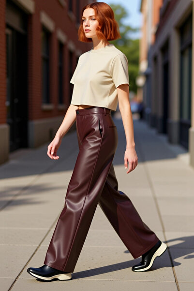 PayBuy Faux Leather Wide Leg Pants Women Casual Functional for Daily Use Durable Modern