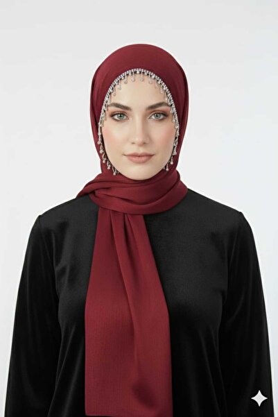 ALLURİNG TASARIM ABİYE ŞAL ETRAFI ŞERİT TAŞLI BORDO