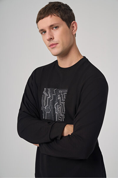 Morven Ανδρικό φούτερ με λαιμόκοψη μαύρο Trend με τύπωμα