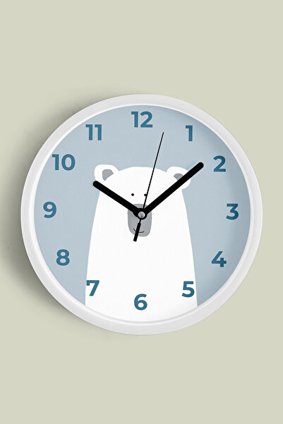 JHAAR ساعة حائط لغرفة الأطفال على شكل دب لطيف - 30 سم - هيكل أبيض مع زجاج أما...