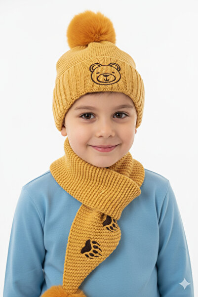 STELLA VESTİNO Bear Figure Knitted Scarf and Hat Set