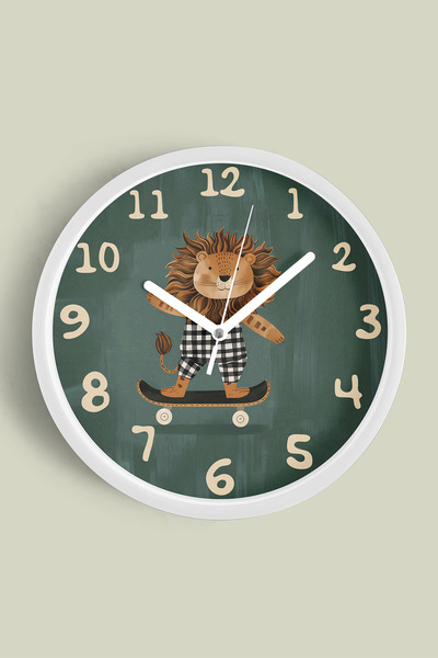 JHAAR Kaykay Yapan Sevimli Aslan Çocuk Odası Modern Duvar Saati - 30cm - Önü ...