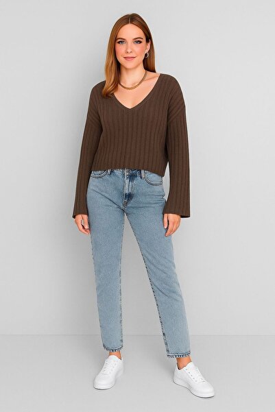 moda mh Wide V-Neck Knitwear Crop Sweater
