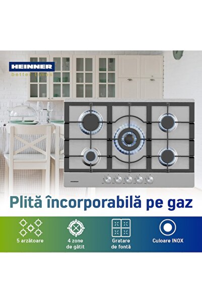 Heinner HBH-M705IWFIX Built-in Gas Hob, 5 Burners, Cast Iron Grate, Wok, Electric Ignition, Safety,