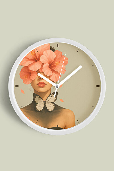 JHAAR Модерен стенен часовник с илюстрация на жена с венец от цветя и пеперуд...