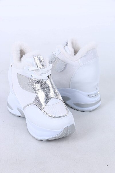 sefayol Leroy White Velcro Lace-Up Hidden Heel Sneakers