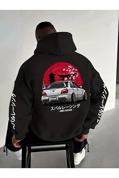 JDM Yazılı ve Drift Tasarımı ile Oversize Rahat Unisex Siyah Sweatshirt Hoodie