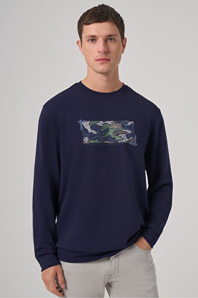Morven Men's Navy Blue Trend Printed Crew Neck Sweatshirt