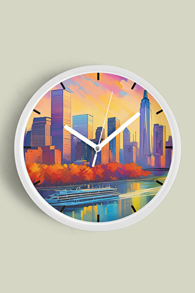 JHAAR ساعة حائط حديثة بتصميم سيلويت المدينة - 30 سم - هيكل أبيض مع زجاج أمامي...