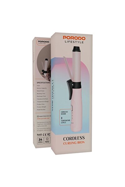 porodo Lifestyle Cordless Curling Iron, 3 Temp Levels, Type-C, 2600mAh - Pink