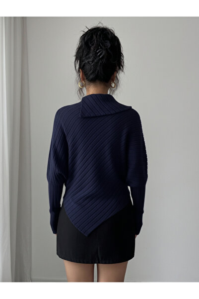 WEEST MODA Navy Blue High-Necked Twill Fabric Asymmetrical Hem Batwing Sleeve Stylish Ust