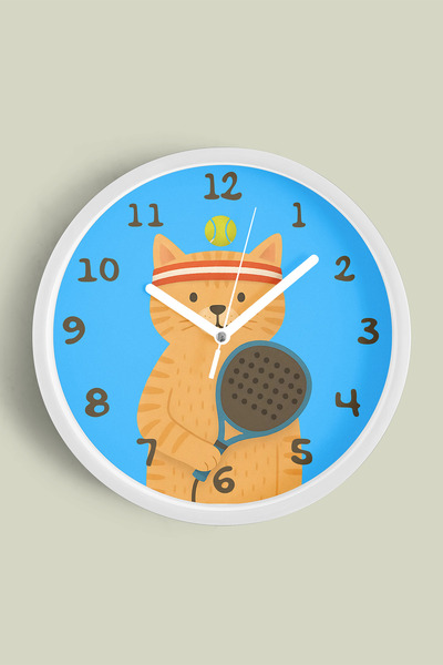 JHAAR ساعة حائط لغرفة الأطفال على شكل قطة - 30 سم - هيكل أبيض مع زجاج أمامي -...