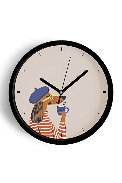 JHAAR Ilustrație de câine în stil francez care bea cafea Ceas de perete moder...