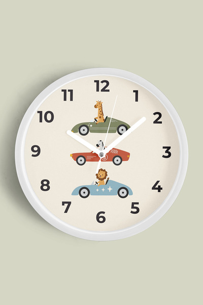 JHAAR Sevimli Arabalı Hayvanlar Çocuk Odası Duvar Saati - 30cm - Önü Camlı Be...