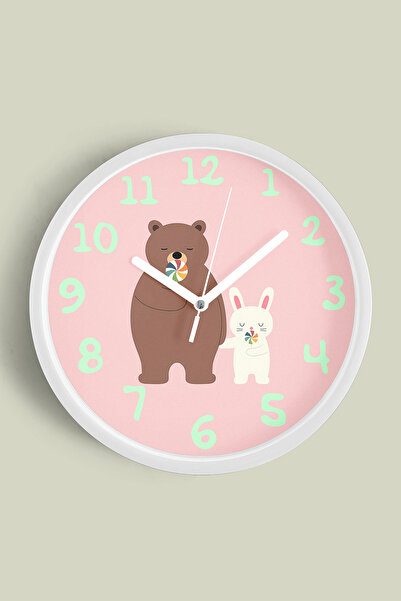 JHAAR ساعة حائط حديثة لغرفة الأطفال على شكل أرنب ودب لطيف - 25 سم - هيكل أبيض...