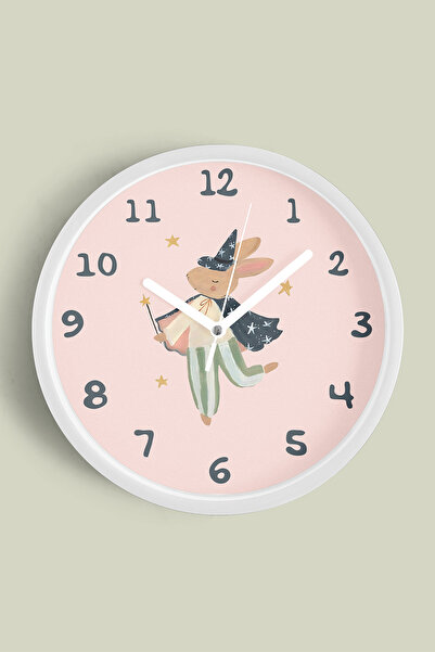 JHAAR ساعة حائط لغرفة الأطفال بتصميم الأرنب السحري - 30 سم - هيكل أبيض مع زجا...