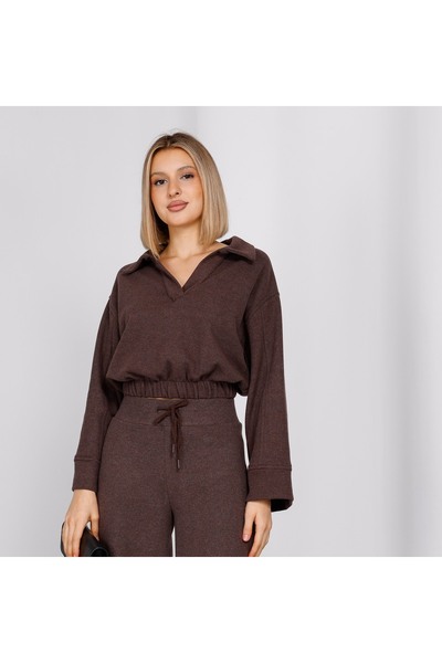 EsSo butik Brown Polo Neck Thessaloniki Knitwear Crop Sweatshirt