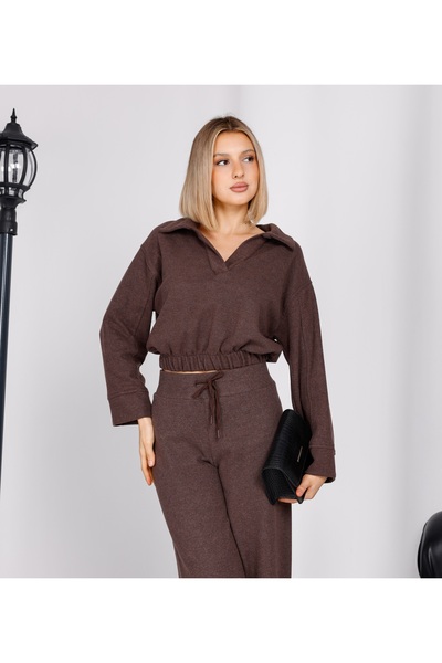 EsSo butik Brown Polo Neck Thessaloniki Knitwear Crop Sweatshirt