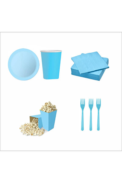 ZENVİVA 8 Blue Plates, 8 Blue Cups, 8 Blue Corn Boxes, 10 Forks, 10 Napkins