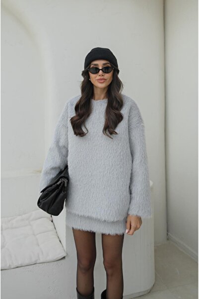 Havoş Gray Fuzzy Soft Textured Skirt Sweater Set