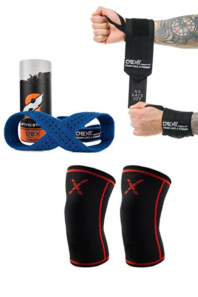 Dex Supports Sports Knee Sleeve, Sports Wristband Wrist Wraps Legend, 8 Loop Lifting Straps Blue Set of 3