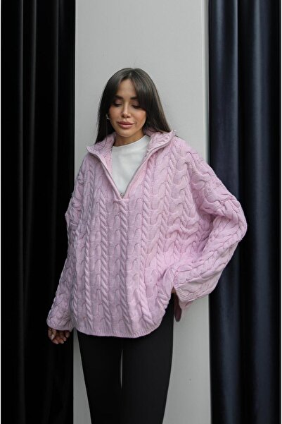 Havoş Powder Pink Zippered Hair Knit Sweater