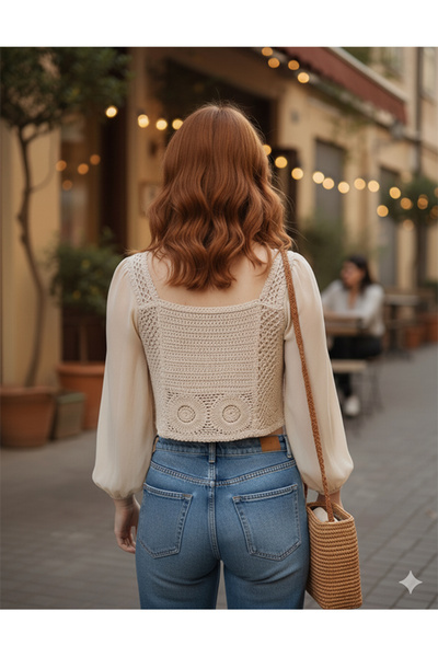 Namaste Vintage Beige Color Sleeves Chiffon Embroidery Crop Blouse
