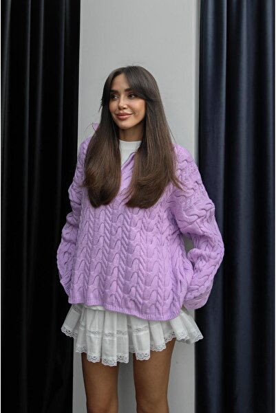 Havoş Lilac Zippered Hair Knit Sweater