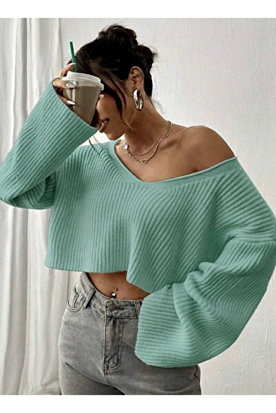 moda mh Wide V-Neck Knitwear Crop Sweater