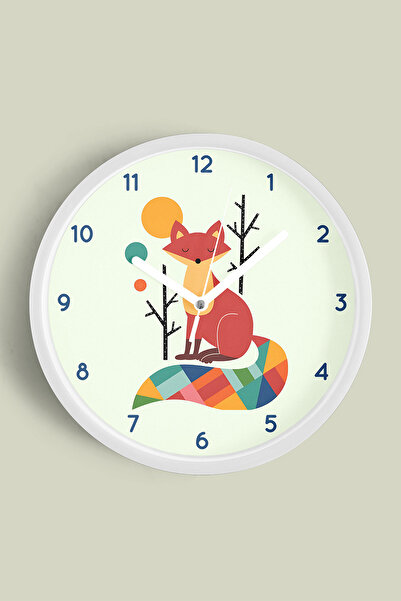 JHAAR ساعة حائط حديثة لغرفة الأطفال بتصميم ثعلب لطيف - 35 سم - هيكل أبيض مع و...