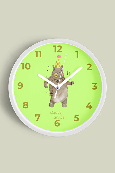 JHAAR ساعة حائط لغرفة الأطفال على شكل دب راقص - 35 سم - هيكل أبيض مع زجاج أما...