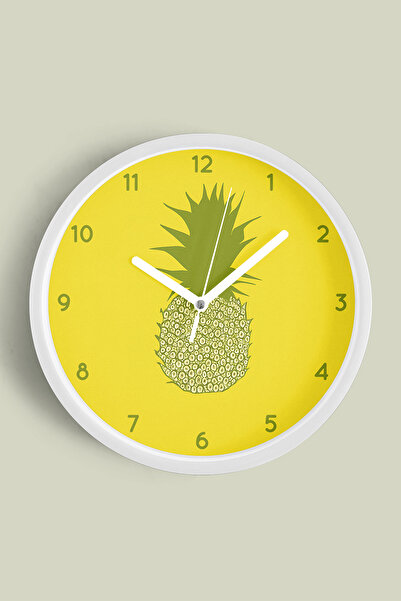 JHAAR Ananas Tasarımı Mutfak Duvar Saati - 25cm - Önü Camlı Beyaz Kasa - Sess...