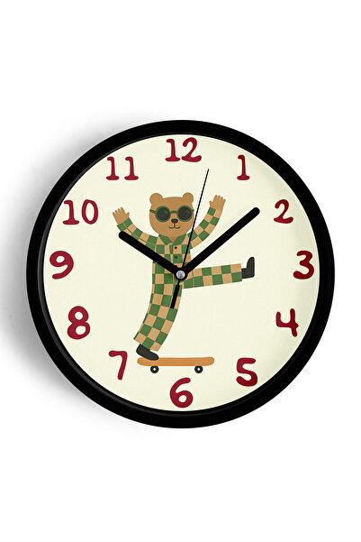 JHAAR ساعة حائط حديثة لغرفة الأطفال على شكل دب لطيف يرقص على لوح التزلج مع نظ...