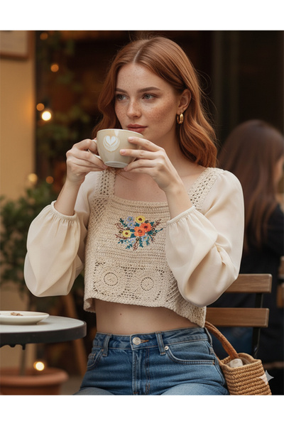 Namaste Vintage Beige Color Sleeves Chiffon Embroidery Crop Blouse