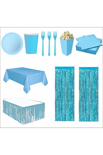 ZENVİVA Blue Tablecloth, Blue Table Skirt, Blue Background, Blue Plate, Glass, Corn Box, Fork, Napkin