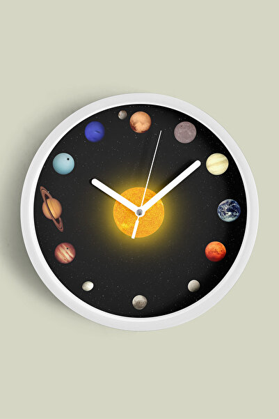 JHAAR Ceas de perete cu design modern Soare și Planete - 35cm - Carcasă albă ...