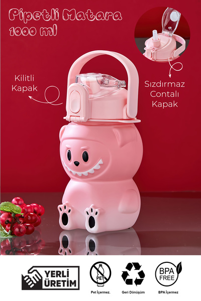 espashome Labubu Water Bottle - 1000 ml Portable with Handle, Straw, Bpa-Free, Lockable and Leak-Proof Lid - Pink