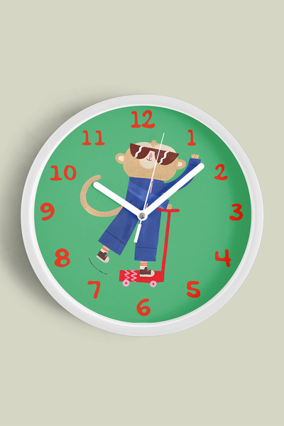 JHAAR ساعة حائط لغرفة الأطفال على شكل قرد يركب سكوتر - 30 سم - هيكل أبيض مع ز...