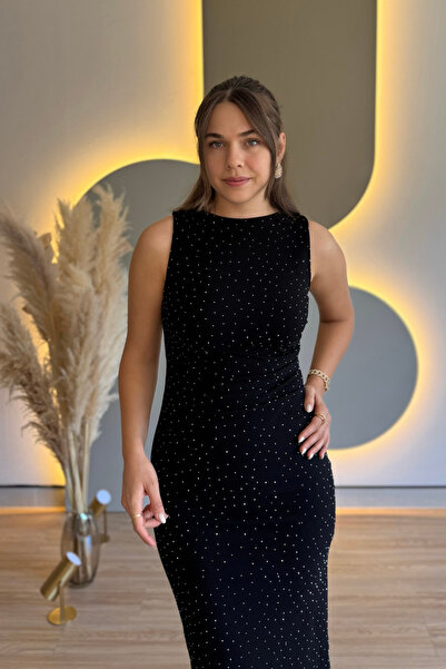 Aventien Draped Stone Slit Black Midi Dress