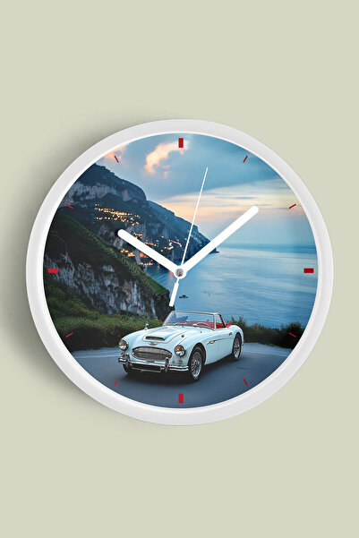 JHAAR Classic Car and Seaside View Wall Clock - 42cm - White Case with Glass ...